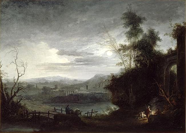 Moonlit Landscape with Figures around a Fire, vintage artwork by Cesar Van Loo, 12x8" (A4) Poster