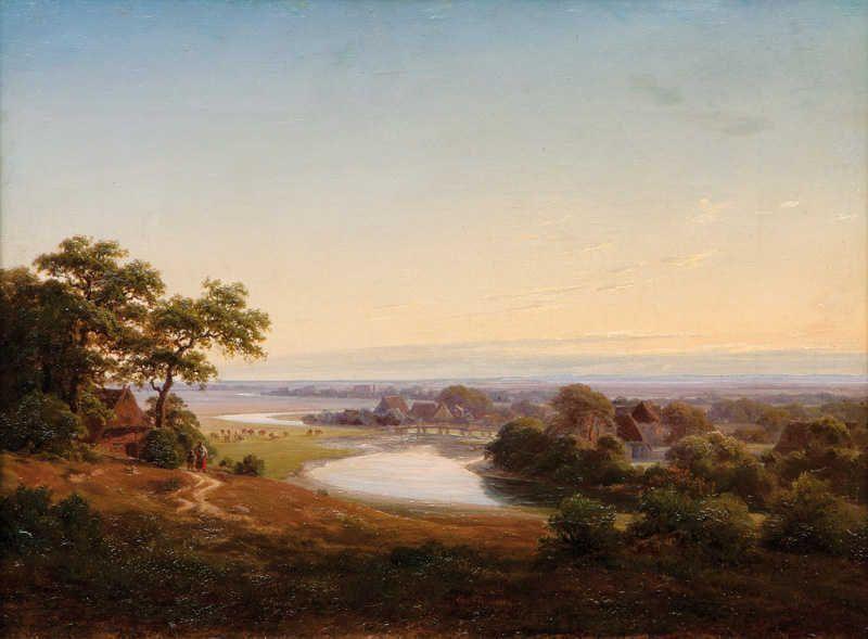 Evening Mood by  the River, vintage artwork by Georg Haeselich, A3 (16x12") Poster Print