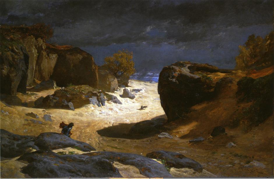 The Chemin des Sables at Fountainebleau, Storm Effect, vintage artwork by Jules Laurens, 12x8" (A4) Poster