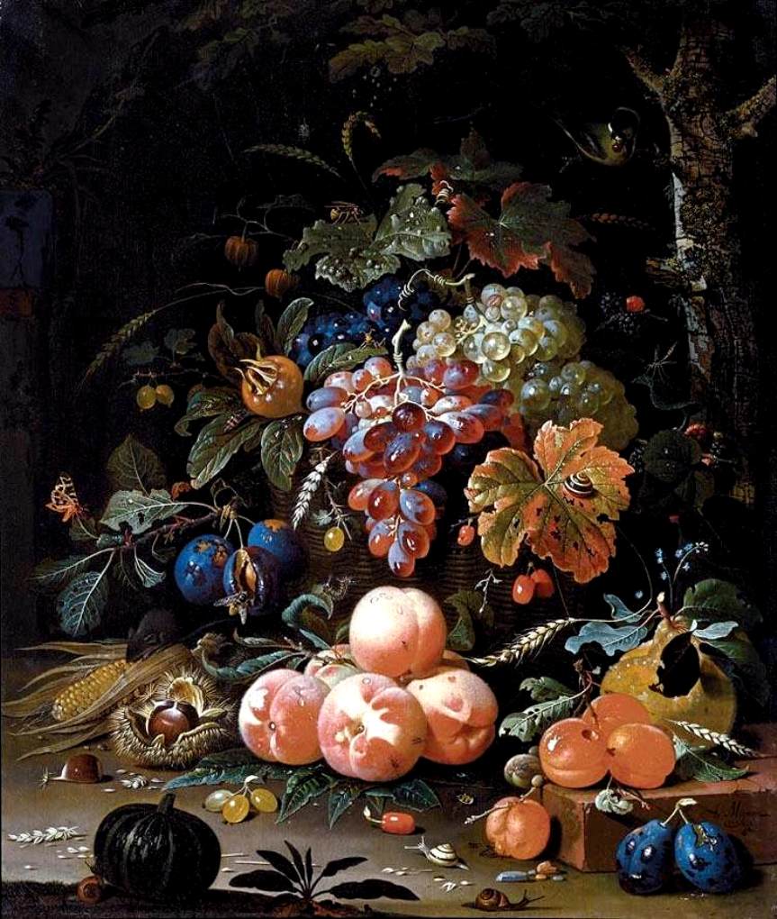 A still life of red and white grapes in a basket, peaches, plums, vintage artwork by Abraham Mignon, 12x8" (A4) Poster