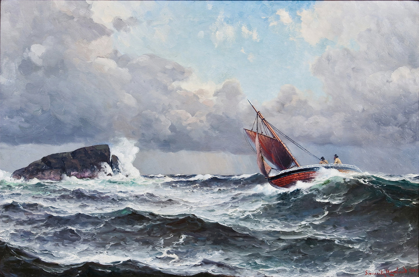 Boat in stormy seas, vintage artwork by Lauritz Haaland, 12x8" (A4) Poster