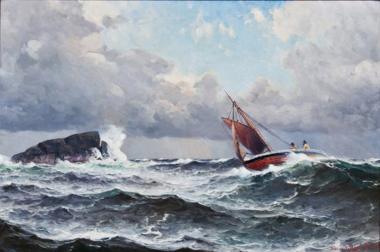 Boat in stormy seas, vintage artwork by Lauritz Haaland, 12x8" (A4) Poster