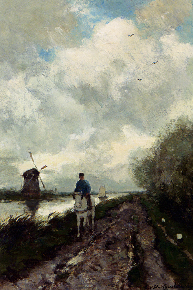 On the tow path along the river Amstel, vintage artwork by Johan Hendrik Weissenbruch, 12x8" (A4) Poster