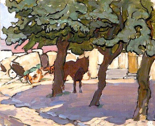 Street Scene with Trees and Carts, vintage artwork by Anne Louise Falkner, 12x8" (A4) Poster
