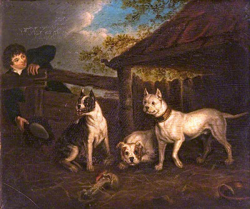 Boy with Three Bullmastiffs, vintage artwork by Henry Bernard Chalon, 12x8" (A4) Poster