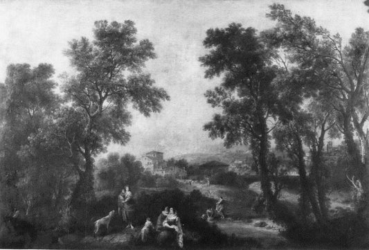 Landscape with Women and Children and a Dog, vintage artwork by Francesco Zuccarelli, 12x8" (A4) Poster