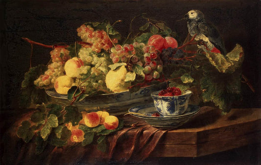 Still Life with Fruits and Parrot, vintage artwork by Jan Fyt, 12x8" (A4) Poster