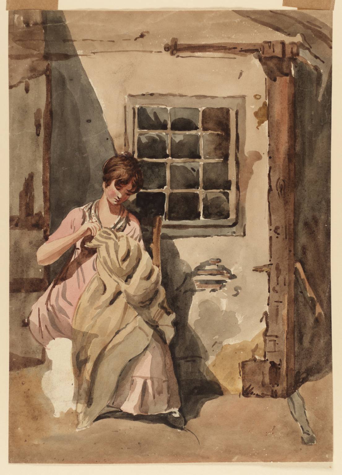 A Girl Sewing at a Cottage Door, vintage artwork by Joshua Cristall, 12x8" (A4) Poster