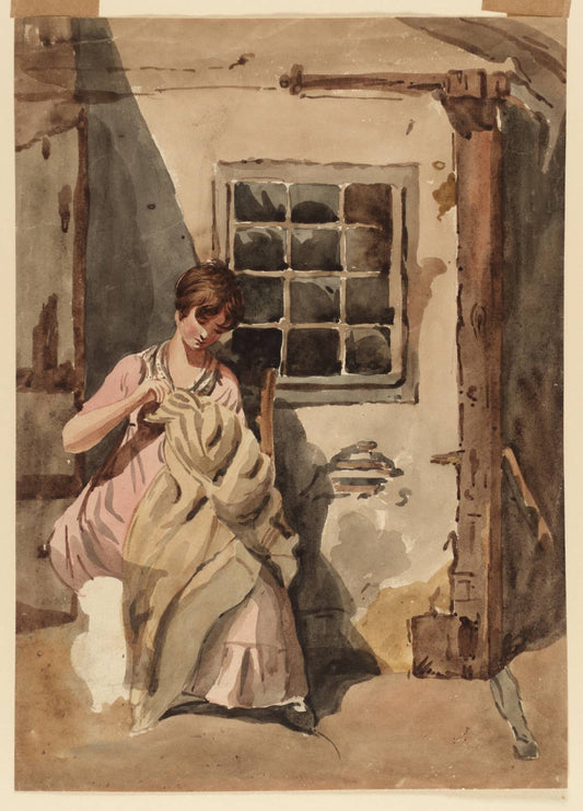A Girl Sewing at a Cottage Door, vintage artwork by Joshua Cristall, 12x8" (A4) Poster