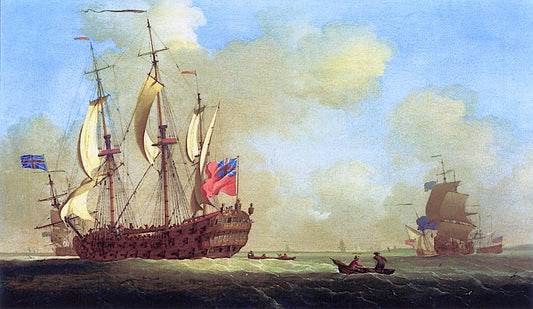A Fifty Gun, Two-Decker, at Sea near a Coast, vintage artwork by Peter Monamy, 12x8" (A4) Poster