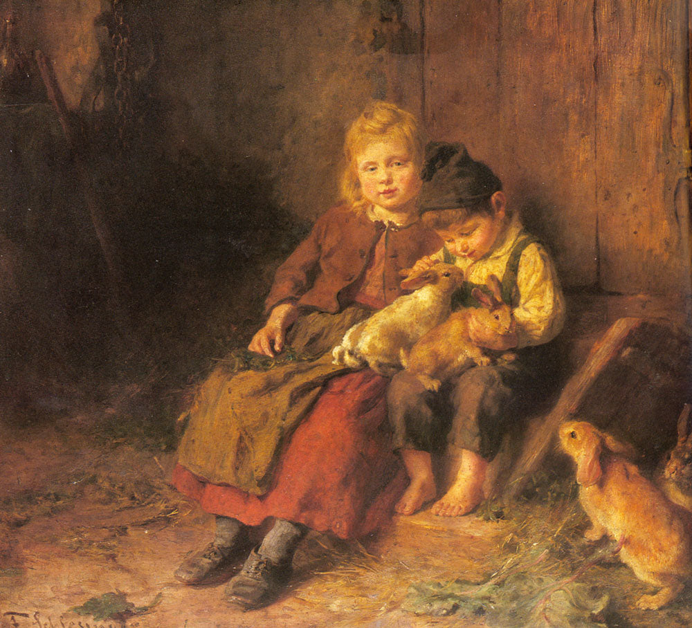 Two Children Playing with Rabbits, vintage artwork by Felix Schlesinger, 12x8" (A4) Poster