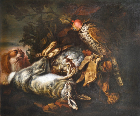 Still life with a falcon and a spaniel watching, vintage artwork by Carstian Luyckx, 12x8" (A4) Poster