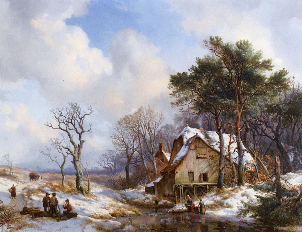 Skaters on a Frozen Stream on the Outskirts of a Village, vintage artwork by Hendrikus van de Sande Bakhuyzen, A3 (16x12") Poster Print