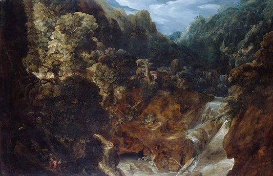 A Rocky Landscape with a Waterfall: the Flight into Egypt, vintage artwork by Attributed to Marten Ryckaert, 12x8" (A4) Poster