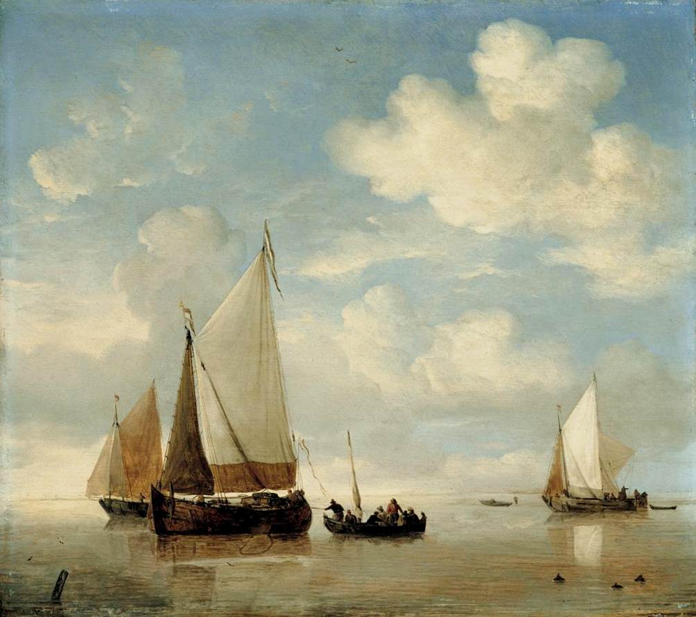 Calm:  Dutch Smalschips and a Rowing Boat, vintage artwork by Willem van de Velde the Younger, 12x8" (A4) Poster