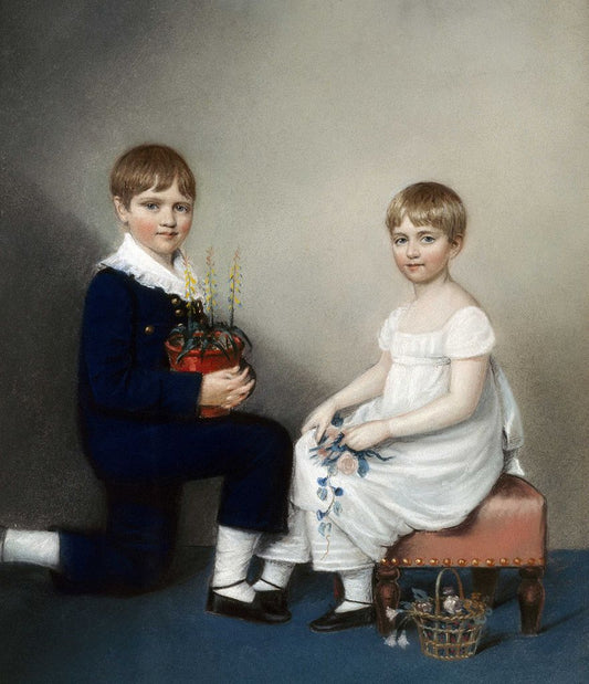 Charles Darwin at age six with sister Catherine, vintage artwork by Ellen Wallace Sharples, 12x8" (A4) Poster