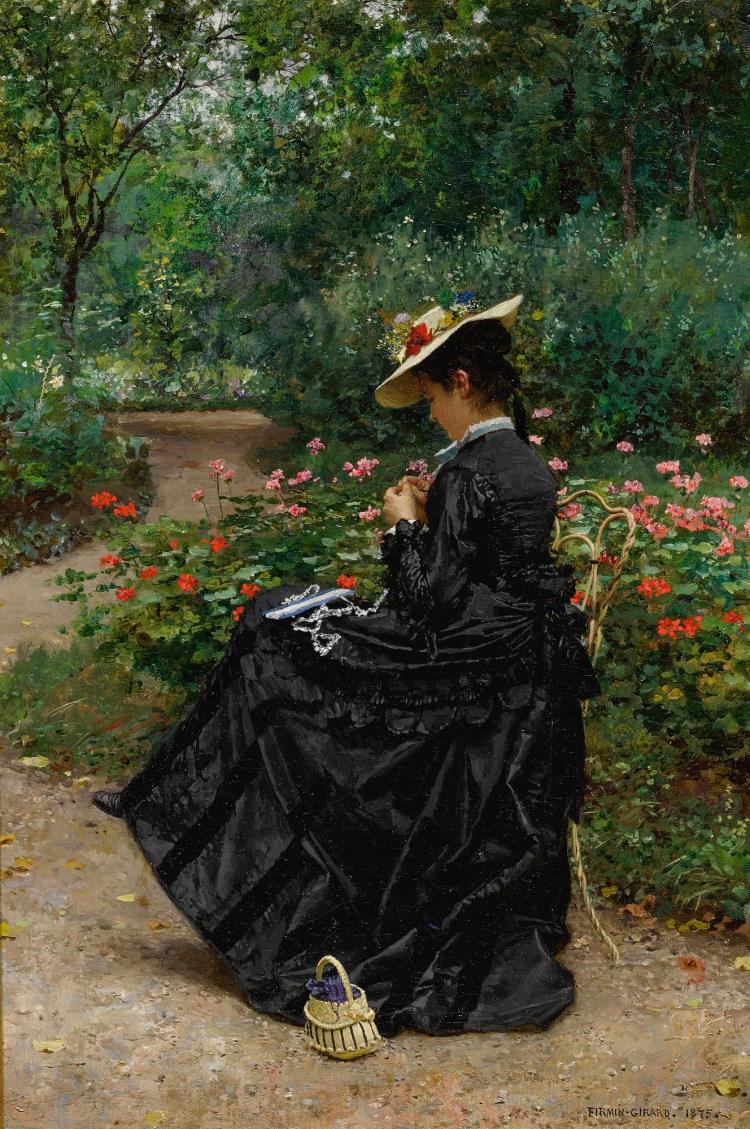 Woman Sewing in Garden, vintage artwork by Marie-Francois Firmin-Girard, 12x8" (A4) Poster