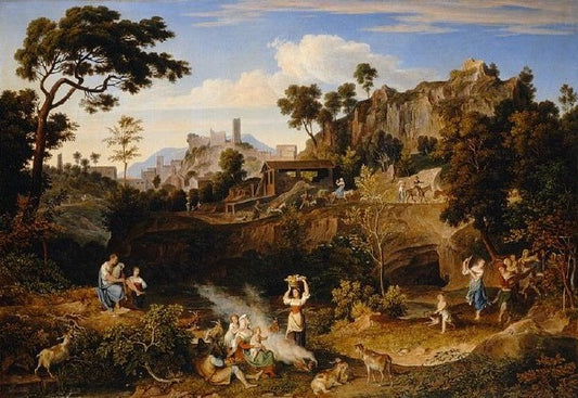 Landscape near Olevano with a Parade of Dancing Peasants, vintage artwork by Joseph Anton Koch, 12x8" (A4) Poster
