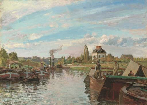 Barges on the Seine at Bougival, vintage artwork by Camille Pissarro, 12x8" (A4) Poster