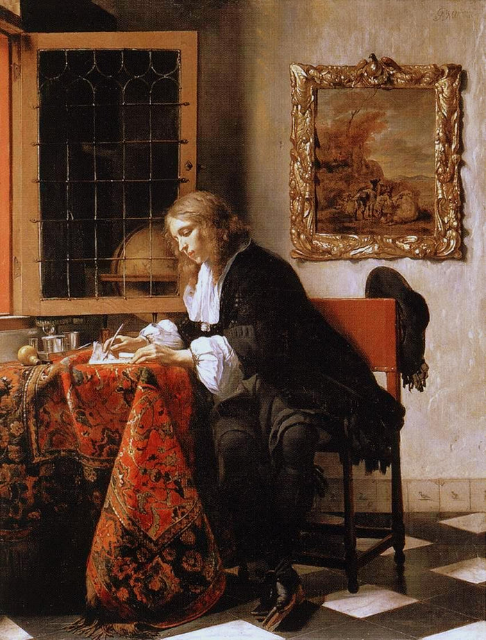 Man Writing a Letter, vintage artwork by Gabriël Metsu, 12x8