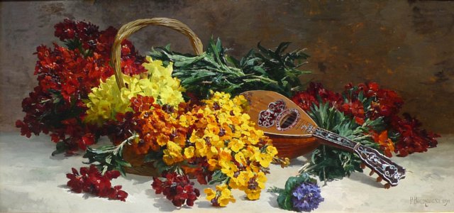 Still life of wallflowers with a mandolin, vintage artwork by Pierre Bourgogne, 12x8" (A4) Poster