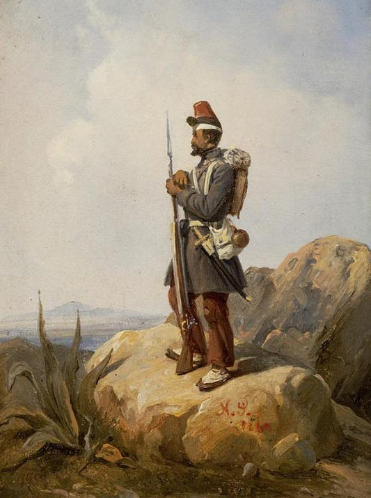 A French Soldier Standing upon a Rock, vintage artwork by Niels Simonsen, A3 (16x12") Poster Print