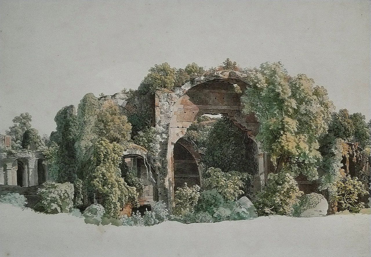 Ruins of the Villa Adriana at Tivoli, vintage artwork by Johann Christian Reinhart, 12x8" (A4) Poster