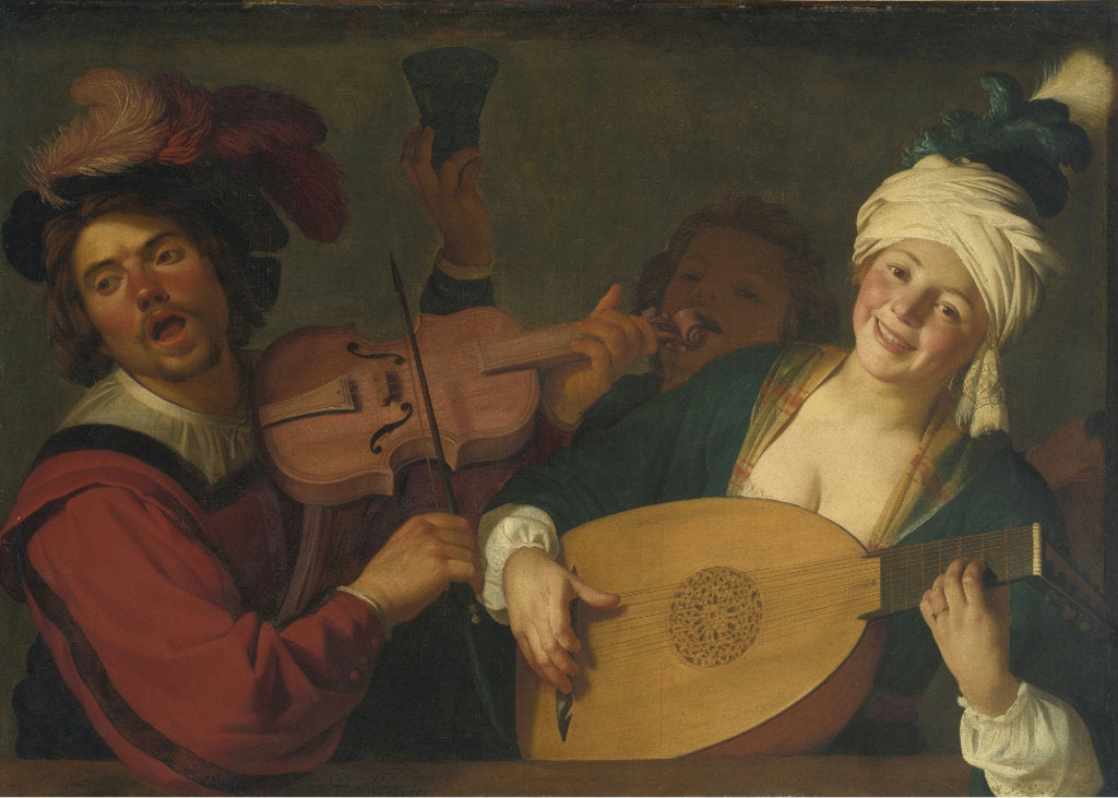 A Merry Group Behind a Balustrade with a Violion and a Lute Player, vintage artwork by Gerard van Honthorst, 12x8" (A4) Poster