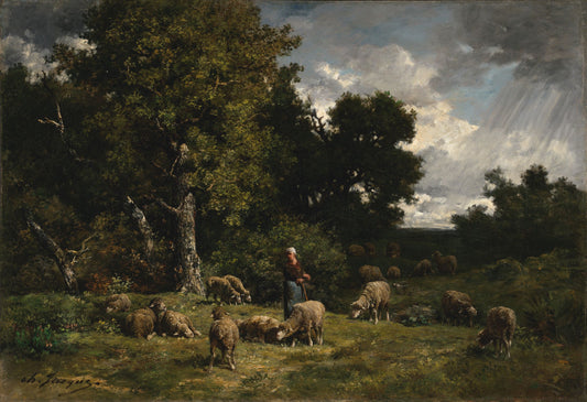 Shepherdess and Her Sheep, vintage artwork by Charles-Émile Jacque, A3 (16x12") Poster Print