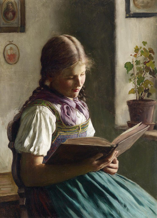 Reading Peasant Girl [Lesendes Bauernmädchen], vintage artwork by Emil Rau, 12x8" (A4) Poster