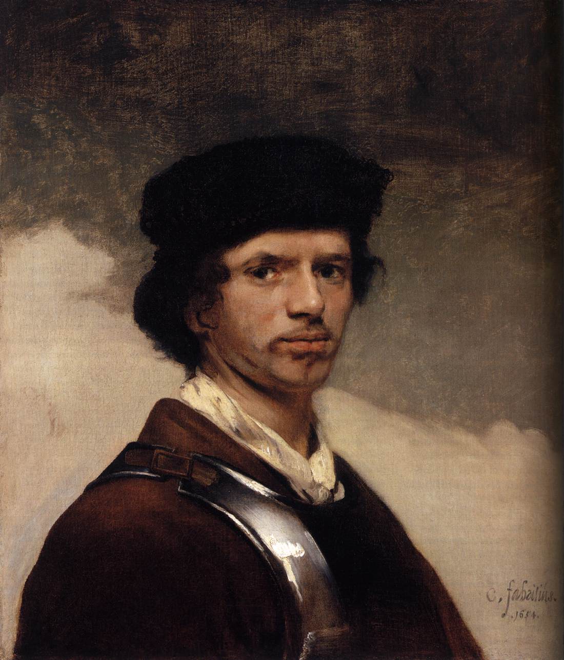 A young Man in a Fur Cap and a Cuirass  (Self-Portrait?), vintage artwork by Carel Fabritius, 12x8" (A4) Poster