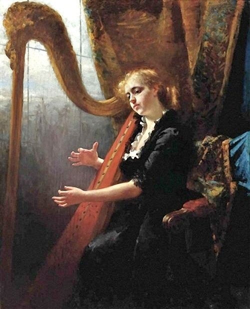 Playing the Harp, vintage artwork by Therèse Schwartze, 12x8" (A4) Poster