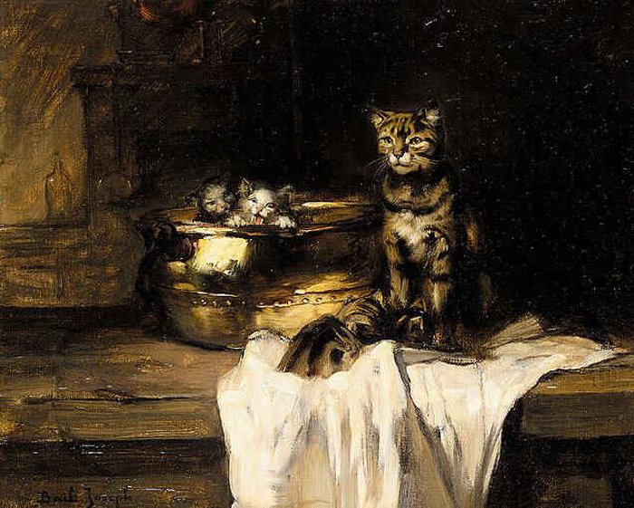Mother and Kittens in a Pot by Claude Joseph Bail,A3(16x12")Poster