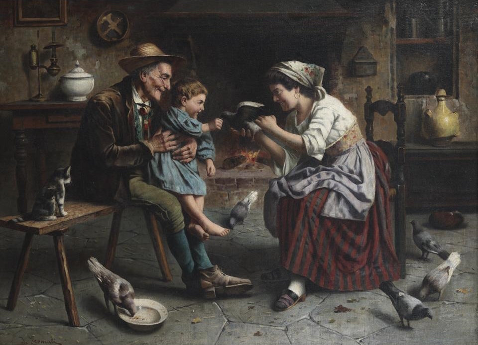 Feeding the Pigeons in a Cottage Interior, vintage artwork by Jules Zermati, 12x8" (A4) Poster