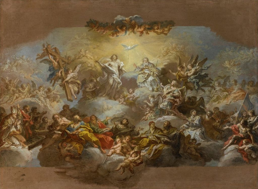The Holy Trinity and Saints in Glory, vintage artwork by Sebastiano Conca, 12x8" (A4) Poster
