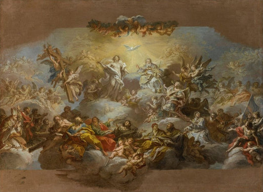 The Holy Trinity and Saints in Glory, vintage artwork by Sebastiano Conca, 12x8" (A4) Poster