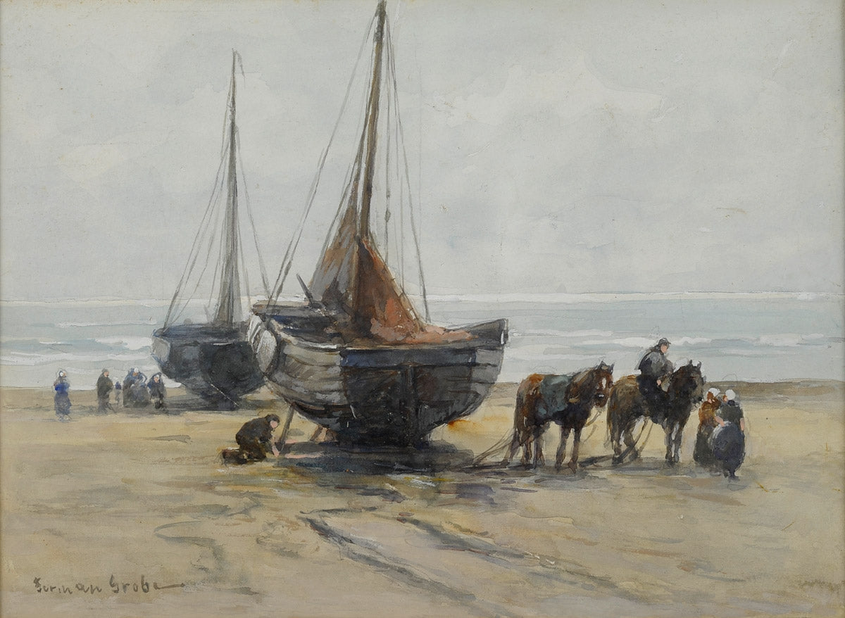 Dutch Fishermen, vintage artwork by German Grobe, 12x8" (A4) Poster