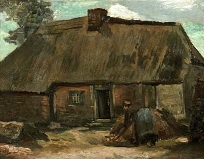 Cottage with Peasant Woman Digging, vintage artwork by Vincent van Gogh, 12x8" (A4) Poster