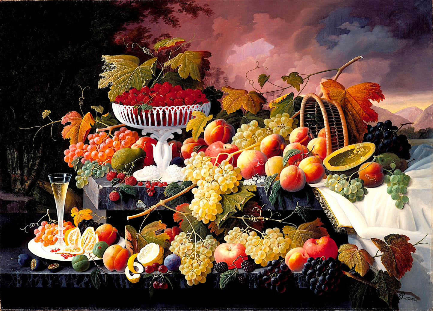 Fruit Still Life in a Landscape, vintage artwork by Severin Roesen, A3 (16x12") Poster Print