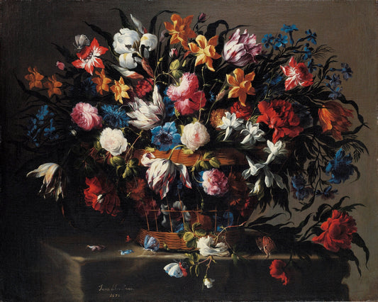 Small Basket of Flowers, vintage artwork by Juan de Arellano, 12x8" (A4) Poster