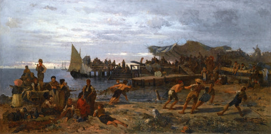 A Bustling Shore, vintage artwork by Constantinos Volanakis, 12x8" (A4) Poster