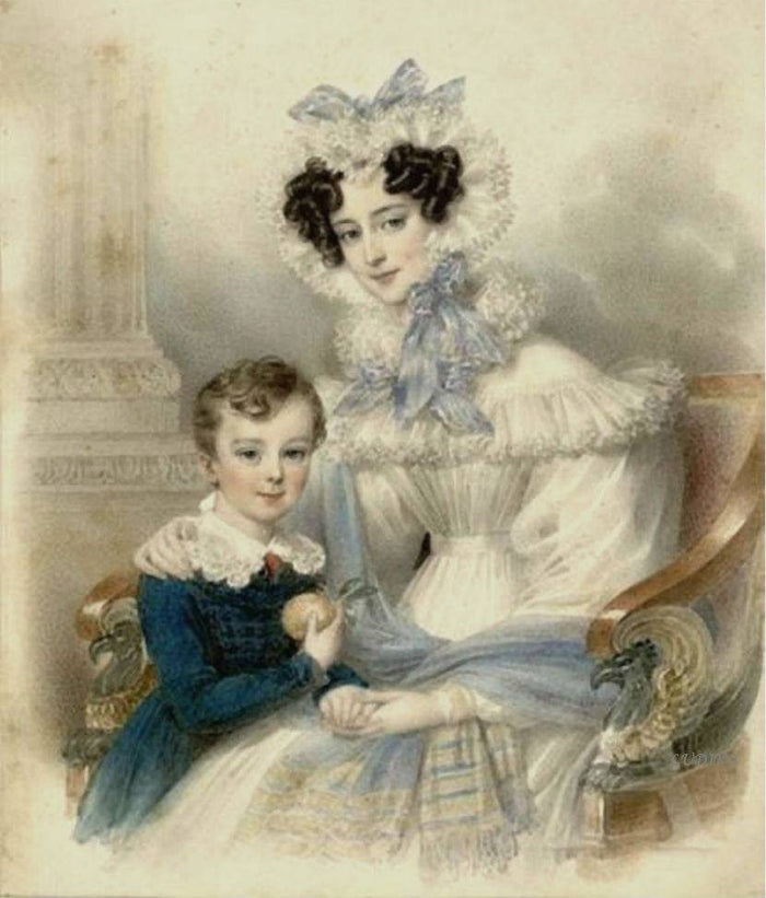 Princess Henrietta of Nassau-Weilburg with her eldest son Archduke Albrecht, vintage artwork by Johann Nepomuk Ender, A3 (16x12