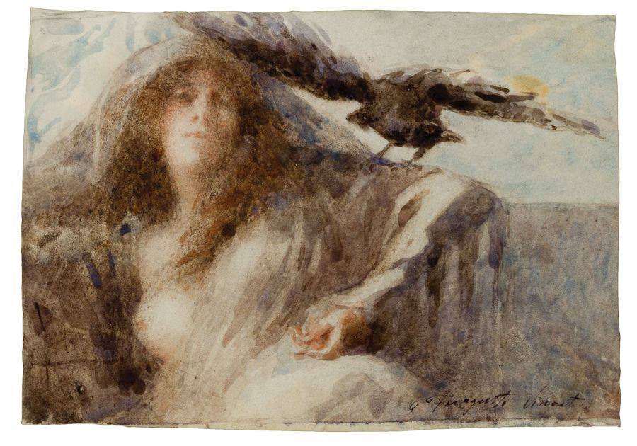 Young woman with a crow on the shoulder, vintage artwork by Adolfo Feragutti Visconti, 12x8" (A4) Poster