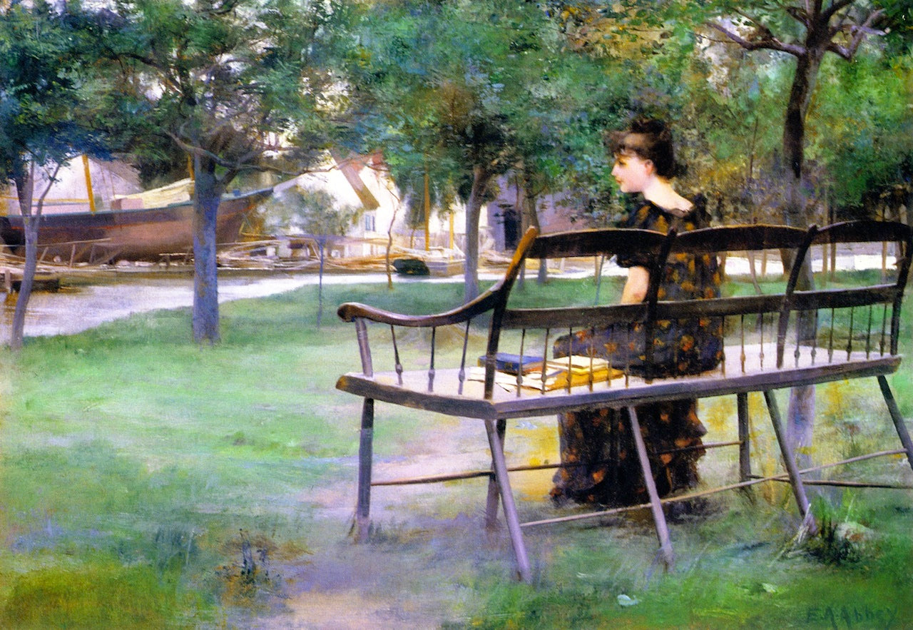 Woman on a Park Bench, vintage artwork by Edwin Austin Abbey, 12x8" (A4) Poster