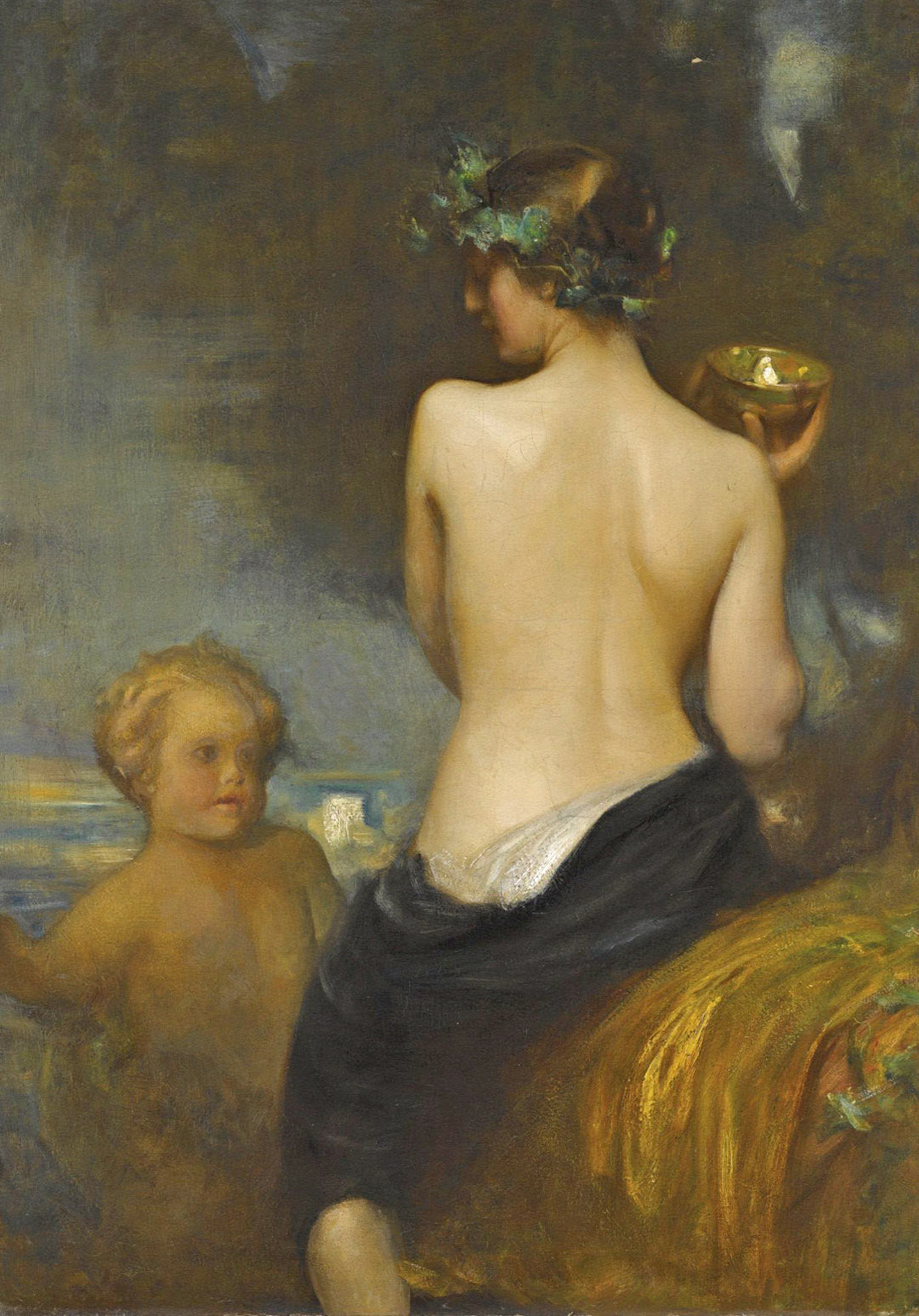 A Nude Bacchante With A Child Faun, vintage artwork by Arthur Hacker, 12x8" (A4) Poster
