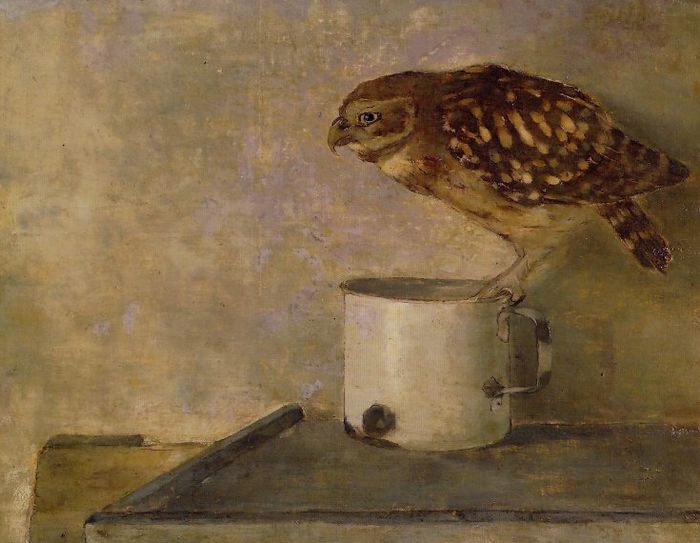 Little Owl on a Mug, vintage artwork by Jan Mankes, 12x8" (A4) Poster