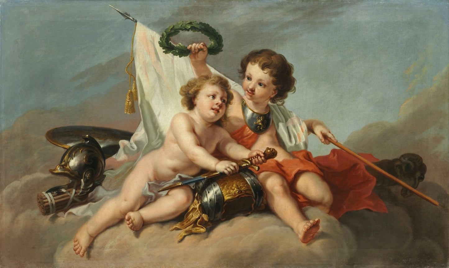 Children Floating on Clouds with Arms, Armors and a Oak Wreath, vintage artwork by Johann Heinrich Tischbein the Elder, 12x8" (A4) Poster