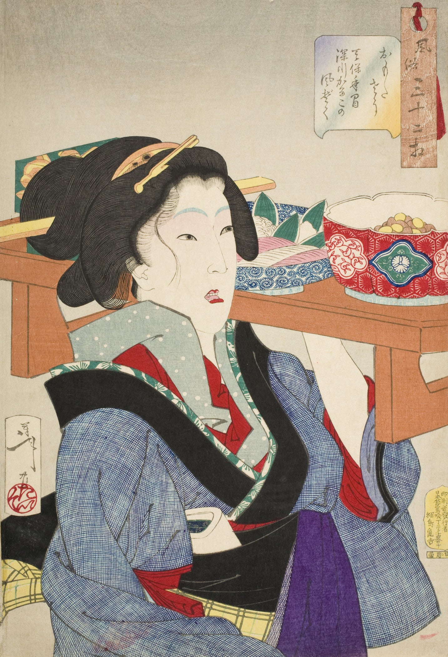 Looking Weighed Down: The Manner of a Waitress at Fukagawa in the Tenpō Era, vintage artwork by Tsukiosa Yoshitoshi, 12x8" (A4) Poster