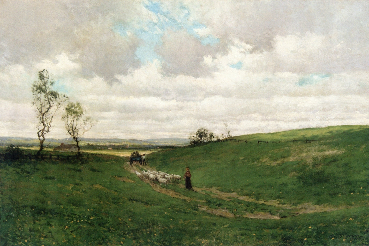 Landscape with Sheep, Shepherd and Wagon, vintage artwork by Julian Onderdonk, 12x8" (A4) Poster