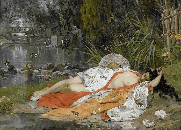 Geisha reclining in the garden, vintage artwork by Edouard Castres, 12x8" (A4) Poster
